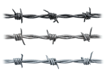 Three rows of weathered, shiny barbed wire isolated against a black backdrop