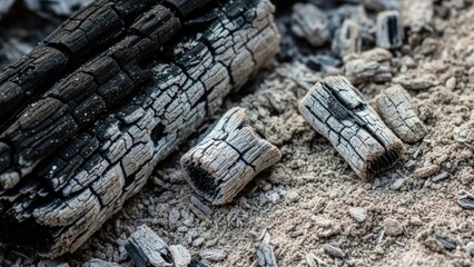 Fototapeta premium Textural remnants of burnt wood and fine grey ash after a combustion process creating an organic