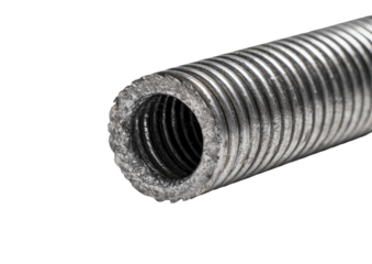 Corrugated metal pipe end, gray, with visible threads inside