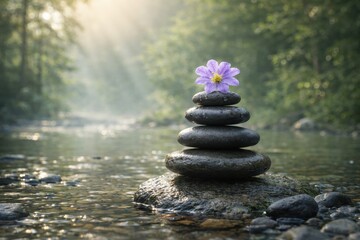 Stacked zen stones in forest stream, purple flower on top, sunlight rays, tranquil spa meditation, balance and mindfulness concept
