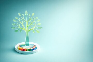 Green eco tree on blue studio background, growing from circular color battery gauge, symbolizing renewable energy, sustainability and clean power concept
