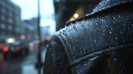 Raindrops glistening on a leather jacket, evoking a sense of urban melancholy 
