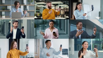 A diverse group of business people interacts through video calls on their smartphones in a contemporary office setting. Each person displays a range of emotions as they connect online. - Powered by Adobe