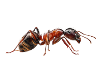 Detailed closeup of an ant; red thorax, black head and abdomen against black
