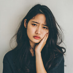 Face expression suffering from sensitive teeth, Asian young woman touching cheek