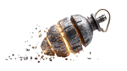 vintage iron hand grenade with burning fuse sparks dramatic explosive weapon object isolated on white background