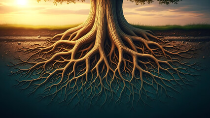 Tree with Deep Roots Symbolizing Strength, Growth and Connection to Nature