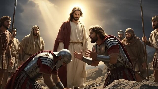 Roman Centurion worshiping Jesus Christ in dramatic biblical scene.