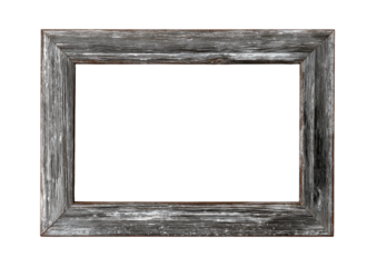 Rustic, aged wooden frame with gray tones, set against a black background