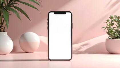 Modern Smartphone Mockup with Blank Screen on Pink Background with Plants and Sunlight.