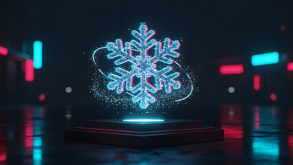A stunning neon holographic snowflake artifact hovers above a geometric crystal pedestal, glowing intensely with bright cyan and magenta digital light projections in a dark cityscape.