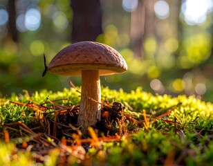 Close-up of a mushroom amidst vibrant green moss and sunlight