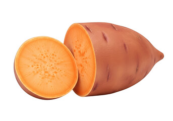 3d icon of a sweet potato cut in half, revealing its vibrant orange flesh and texture, isolated on transparent background