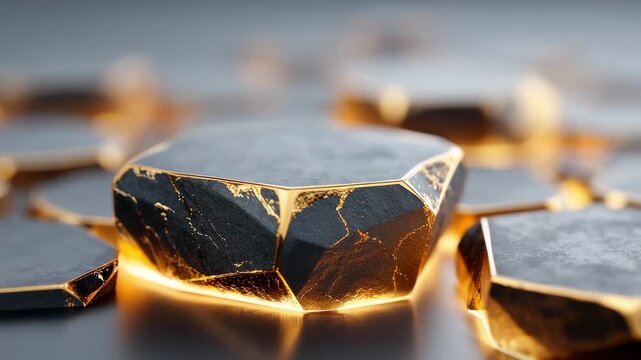 Luxury black gold hexagonal rock glowing geometric background