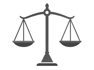 A grayscale illustration of a traditional balance scale on a black background