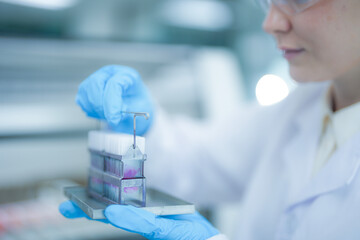 Focused female scientist holding a rack of glass slides for microscopic analysis in a sterile clinical laboratory. Professional medical researcher examining tissue samples for diagnosis.