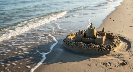 Sandcastle by the Shore: A sandcastle stands as a testament to childhood creativity and beachside bliss, sculpted with precision and surrounded by the gentle embrace of ocean waves.
