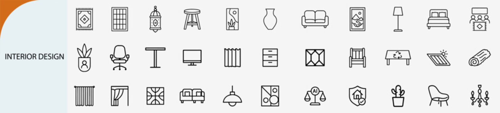 interior design furniture icons set, thin line style vector