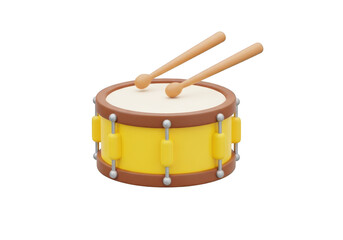 3d icon of a yellow toy drum with two drumsticks isolated on transparent background