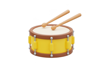 3d icon of a yellow toy drum with two drumsticks isolated on transparent background