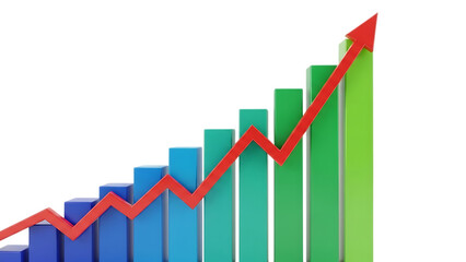 A colorful bar graph with a red line and arrow trending upward isolated on transparent background