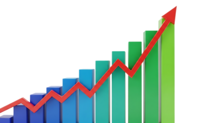 A colorful bar graph with a red line and arrow trending upward isolated on transparent background