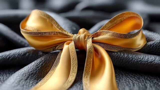 Elegant golden ribbon bow on black textured leather surface