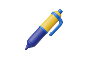 3d icon of a stylized yellow and blue ballpoint pen, isolated on transparent background, representing writing and creativity