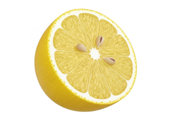 3d icon of a vibrant half lemon with visible seeds and juicy pulp, isolated on a transparent background