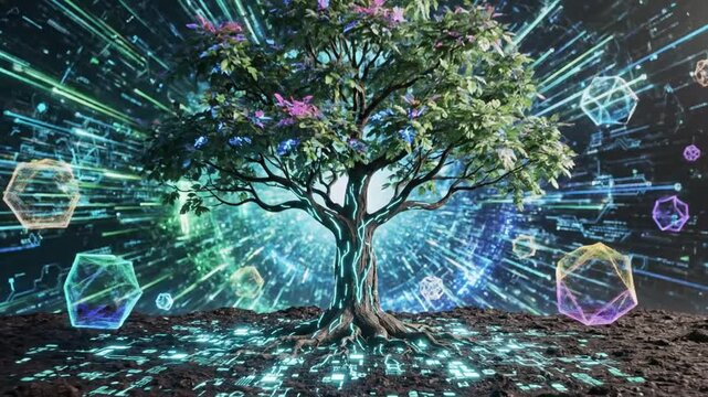 Futuristic neon tree glowing with digital energy, roots extending into cybernetic landscape, perfect for tech innovation concepts