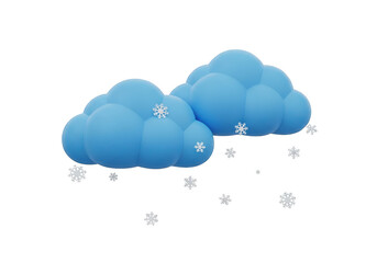 3d icon of two cartoonish blue clouds with snowflakes falling, isolated on transparent background