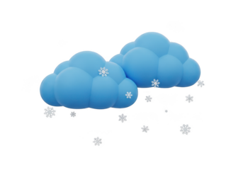 3d icon of two cartoonish blue clouds with snowflakes falling, isolated on transparent background