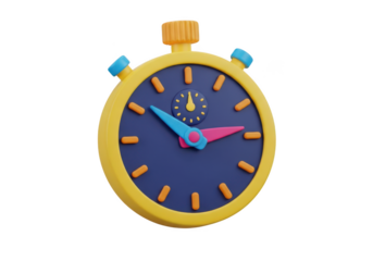 3d icon of a 3d cartoon stopwatch with a yellow casing and blue face, isolated on transparent background