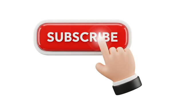A hand pressing a red subscribe button isolated on transparent background