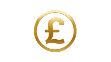 Golden pound symbol isolated on transparent background