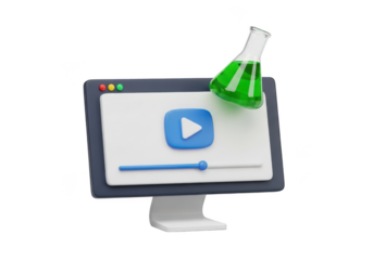 3d icon of computer monitor displaying a video player interface with a green liquid flask isolated on transparent background