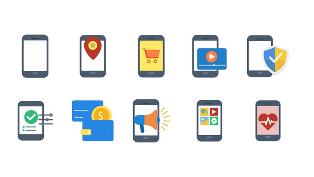 A specialized collection of icons showcasing various mobile phone functionalities including shopping, media, finance, and health tracking