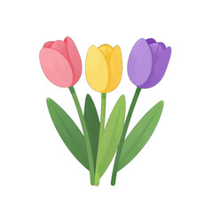 Three colorful tulips with green stems and leaves.
