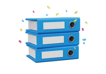 3d icon of stack of three blue ring binders with blank labels and confetti isolated on transparent background