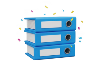 3d icon of stack of three blue ring binders with blank labels and confetti isolated on transparent background