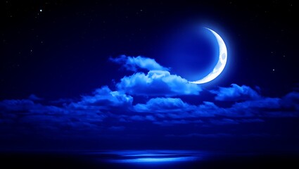 Night landscape of mountains above ocean under crescent moon, glowing stars and blue sky, serene Islamic Ramadan background, peaceful celestial fantasy illustration nightscape tranquil spiritual