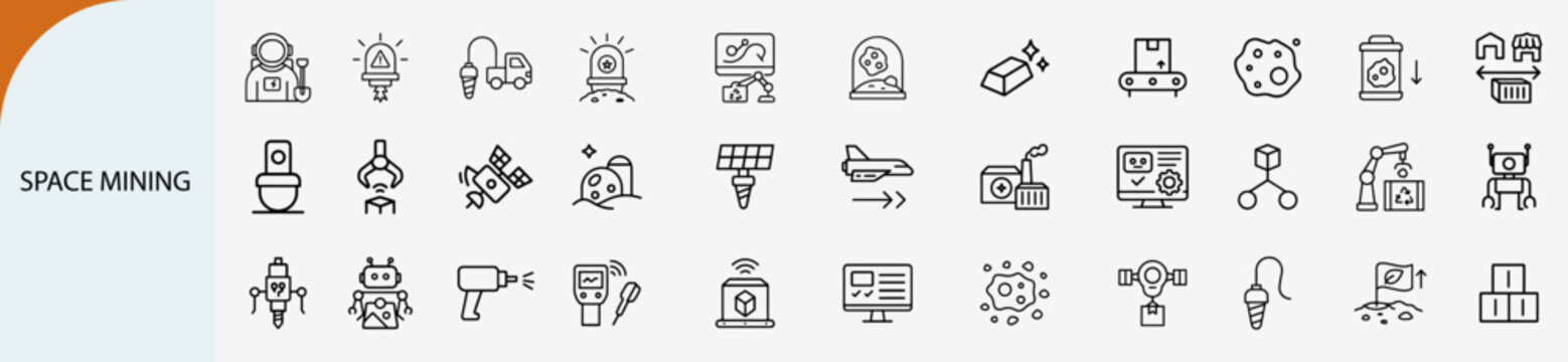 space mining icon set, extraterrestrial resource extraction and futuristic technology vector