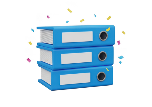 3d icon of stack of three blue ring binders with blank labels and confetti isolated on transparent background - Powered by Adobe
