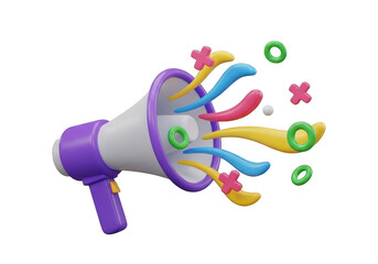 3d icon of purple and white megaphone with colorful abstract shapes isolated on transparent background