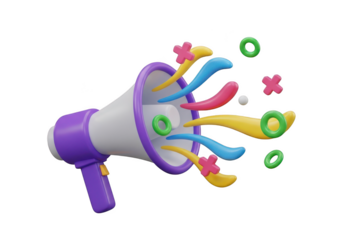 3d icon of purple and white megaphone with colorful abstract shapes isolated on transparent background