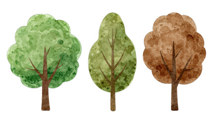 Three stylized trees in different seasonal colors.