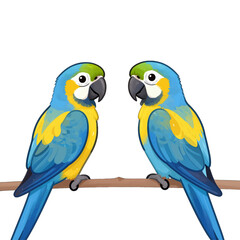 Two blue and yellow parrots perched together on a branch.