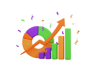 3d illustration of a financial chart with rising arrow and confetti, isolated on transparent background
