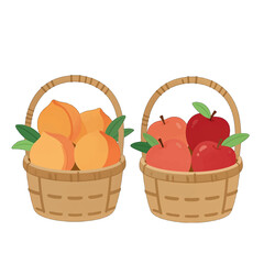 Two baskets with fresh oranges and apples