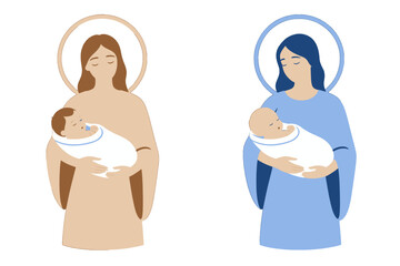 Two haloed women holding swaddled infants